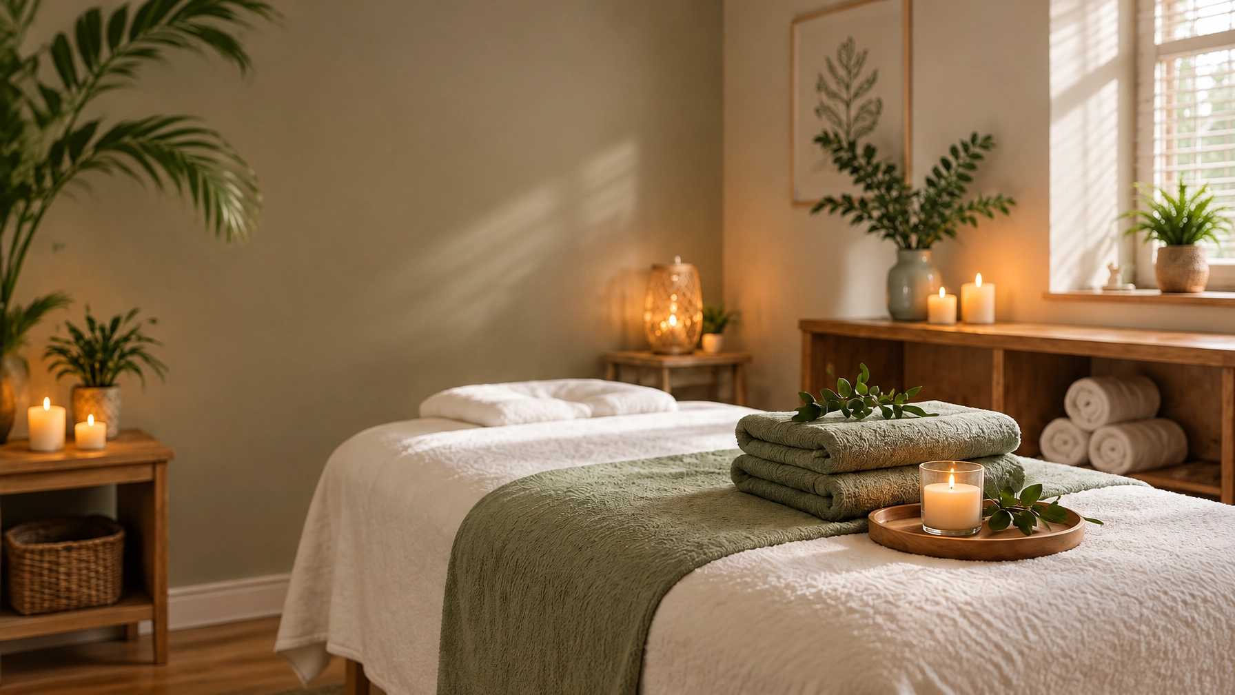 A softly lit massage studio with folded towels and a calm, welcoming atmosphere